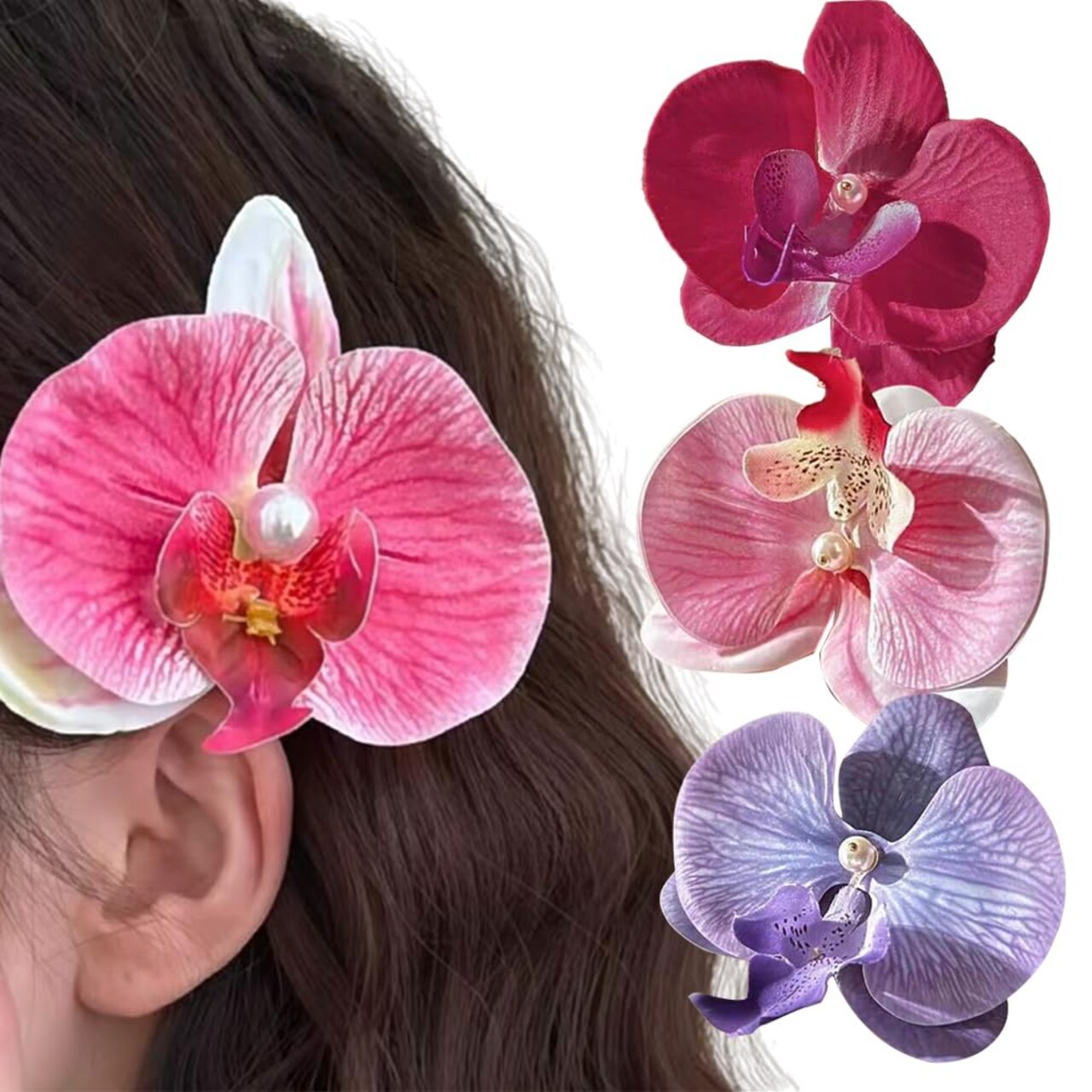 3 Colors Flower Hair Clips, Bohemian Butterfly Orchid Hairpin(Red Pink Purple)